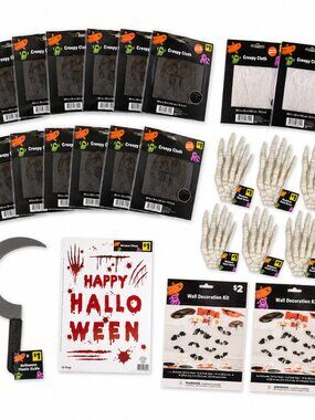Halloween Decoration Lot NWT – 6 Skeleton Hands, 13 Creepy Cloths, Bats, & more
